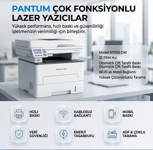 PANTUM M7100 DW ÇOK FONKSİYONLU DUBLEX+ NETWORK MONO LASER YAZICI