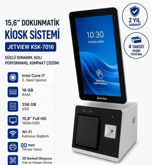 15,6" İ7 5.NESİL 16 GB RAM 256 GB WİFİ 80 MM YAZICI 2D OKUYUCU JETVİEW KSK-7016