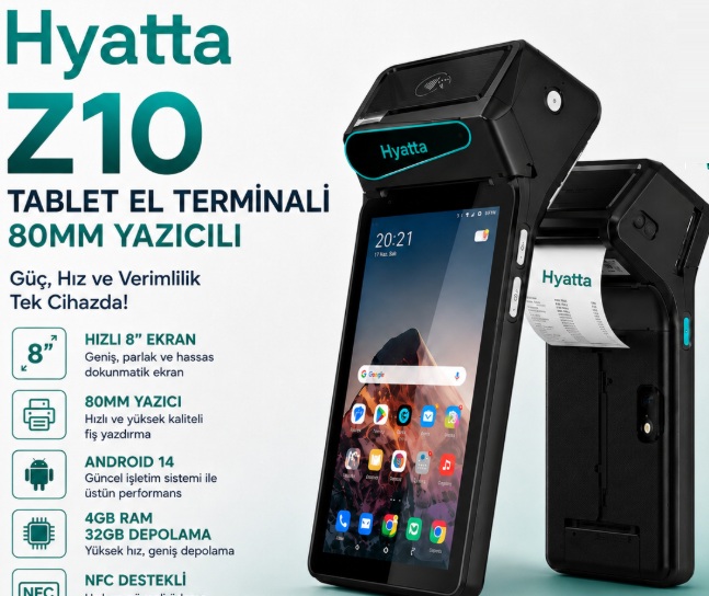 HYATTA Z10 TABLET EL TERMINALI 8"- 3" ANDROİD 14 80MM YAZICILI 4 X 32 GB