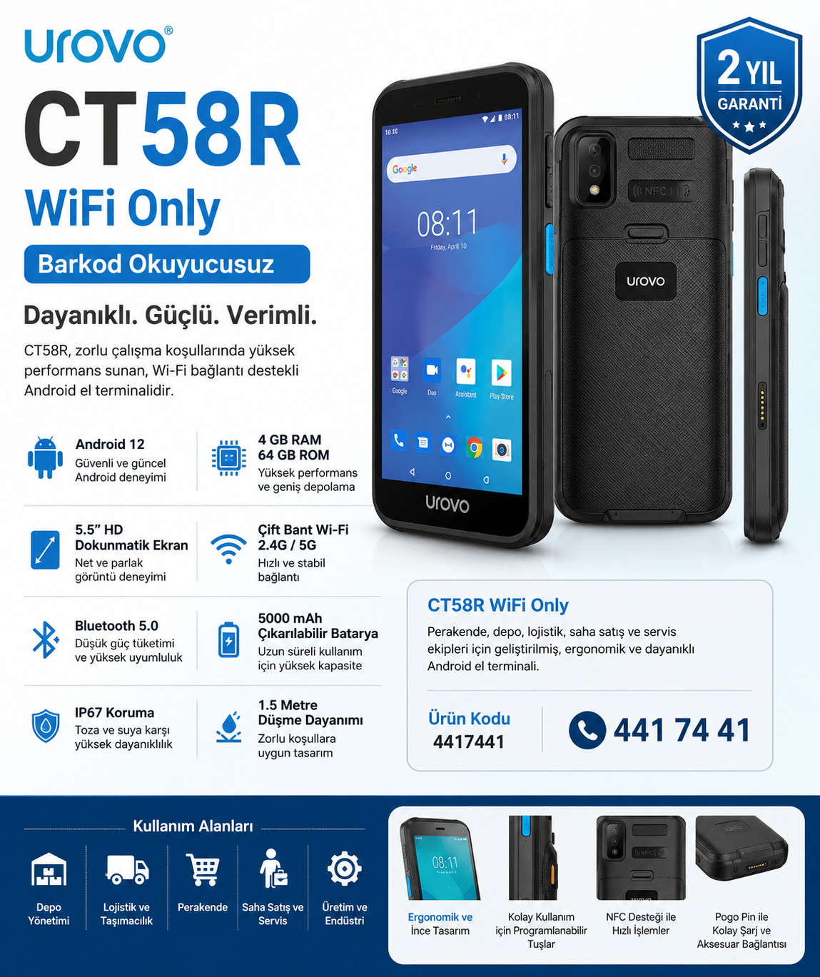 UROVO CT 58R  4 GB/ 64 GB 5.5" ANDROİD 12 EL TERMINALI OKUYUCUSUZ
