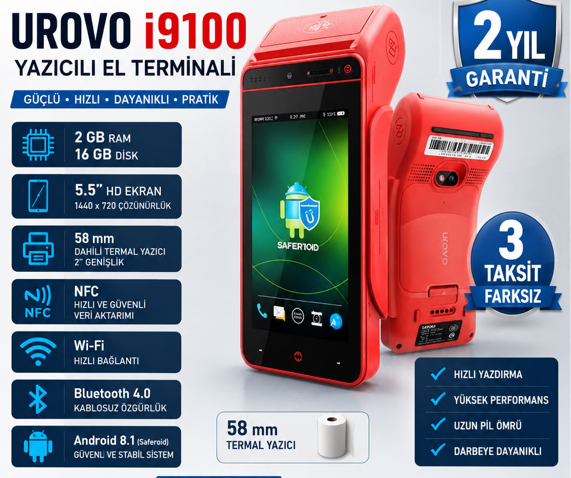 UROVO İ9100 ANDROİD 8 2 GB/16GB 5.5'' EKRAN Wİ-Fİ NFC 2''PRİNTER