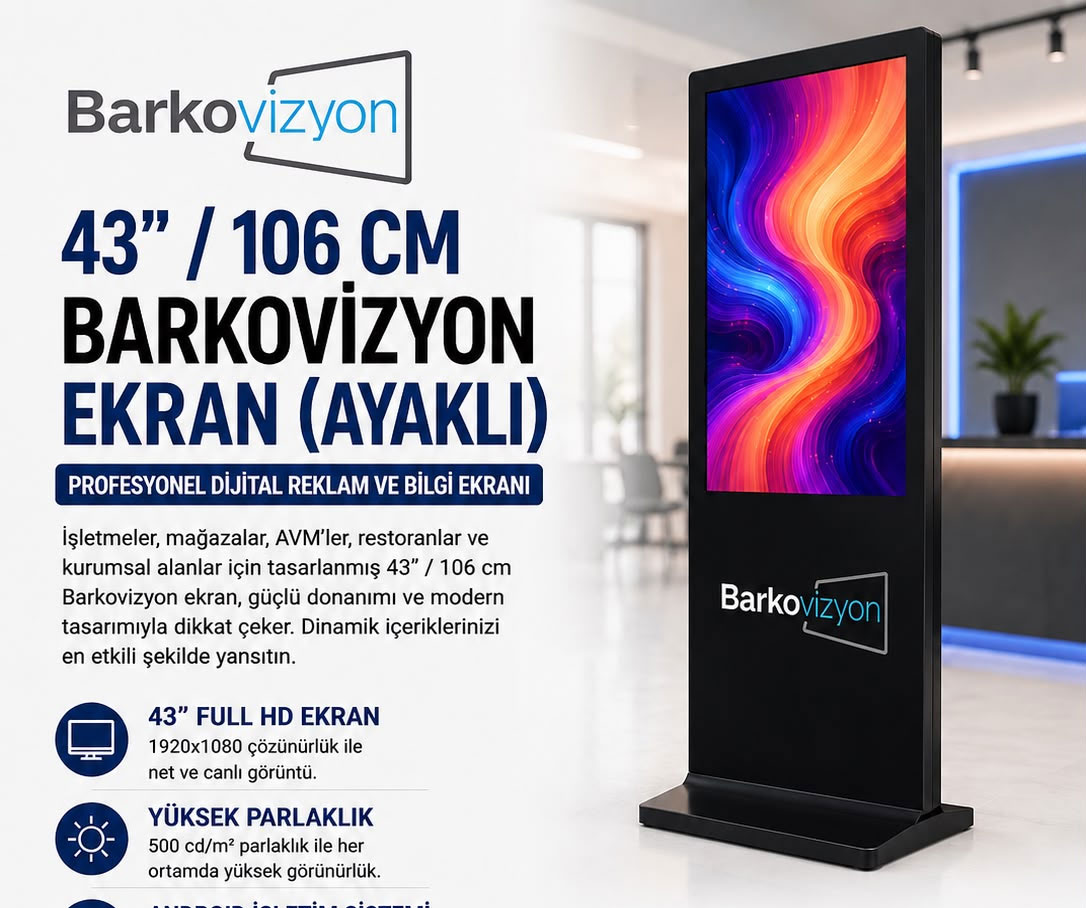 43" 106 CM BARKOVİZYON  AYAKLI EKRAN ANDROID WIFI ENDUSTRİEL
