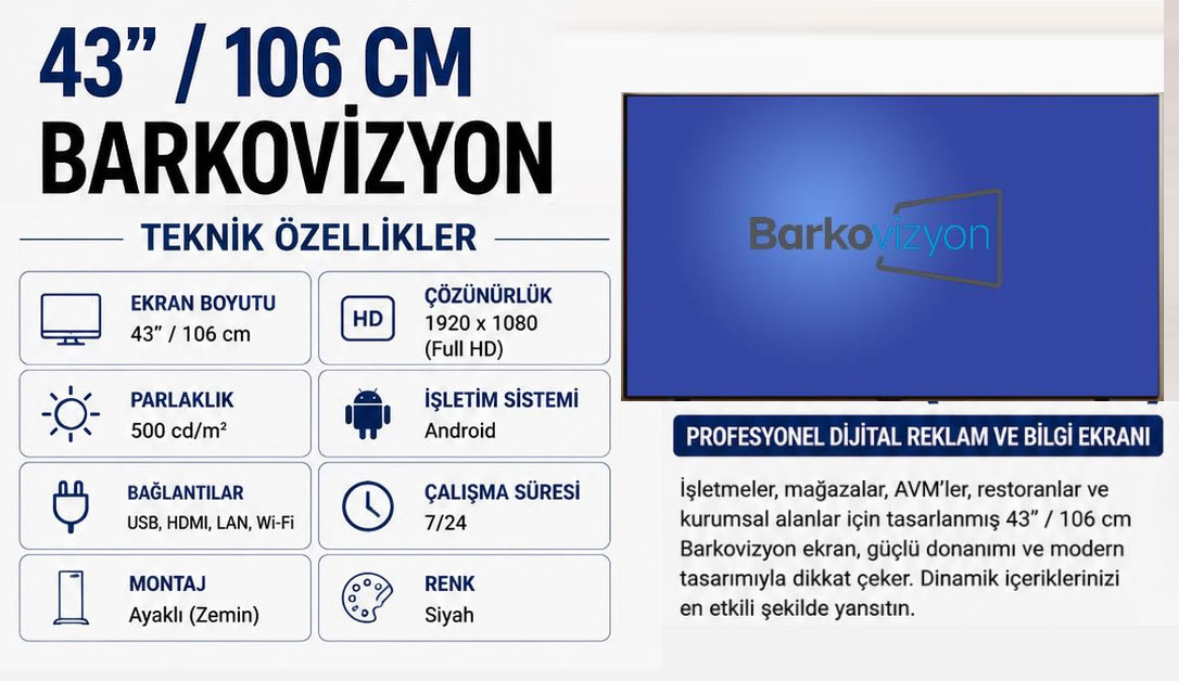 43" 106 CM BARKOVİZYON EKRAN ANDROID WIFI ENDUSTRİEL